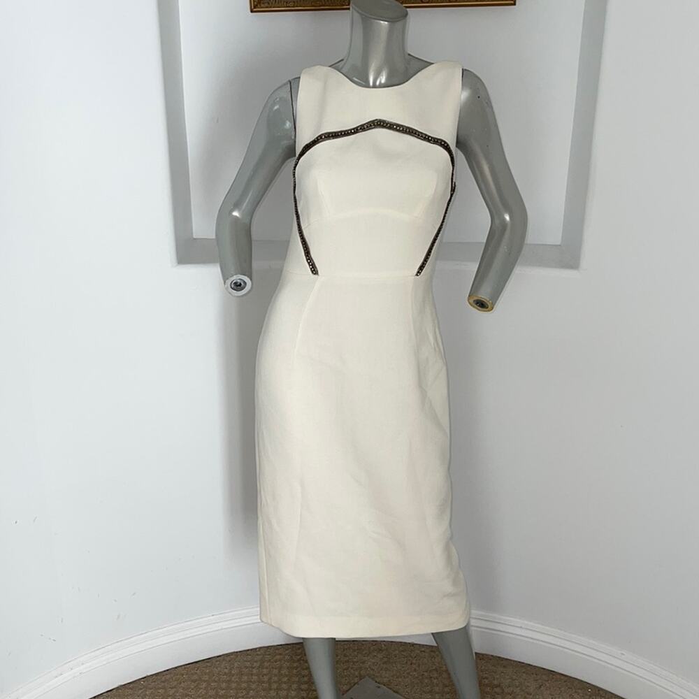 ANTONIO BERARDI Wool Crepe Midi Dress Rhinestones Accent  Off White  Size 8 NWT